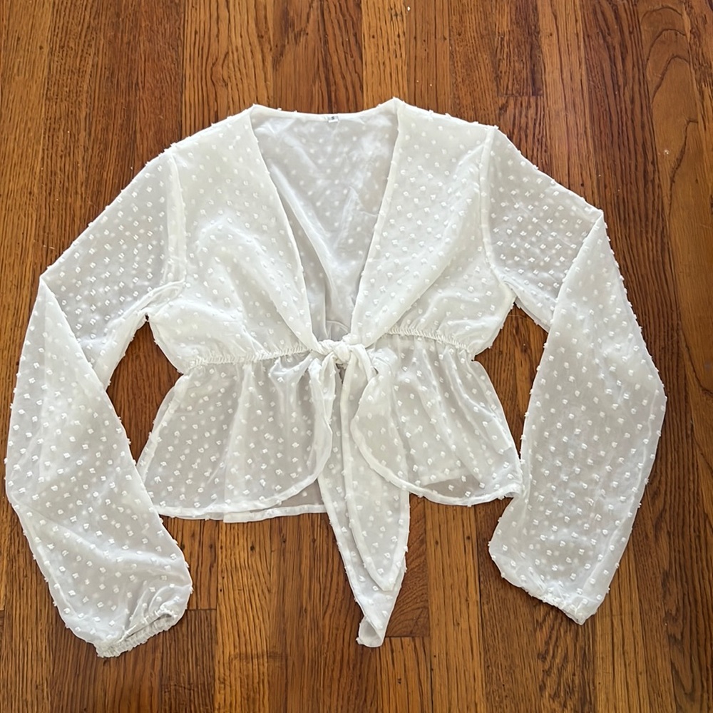 Long sleeve see through white front tie crop top